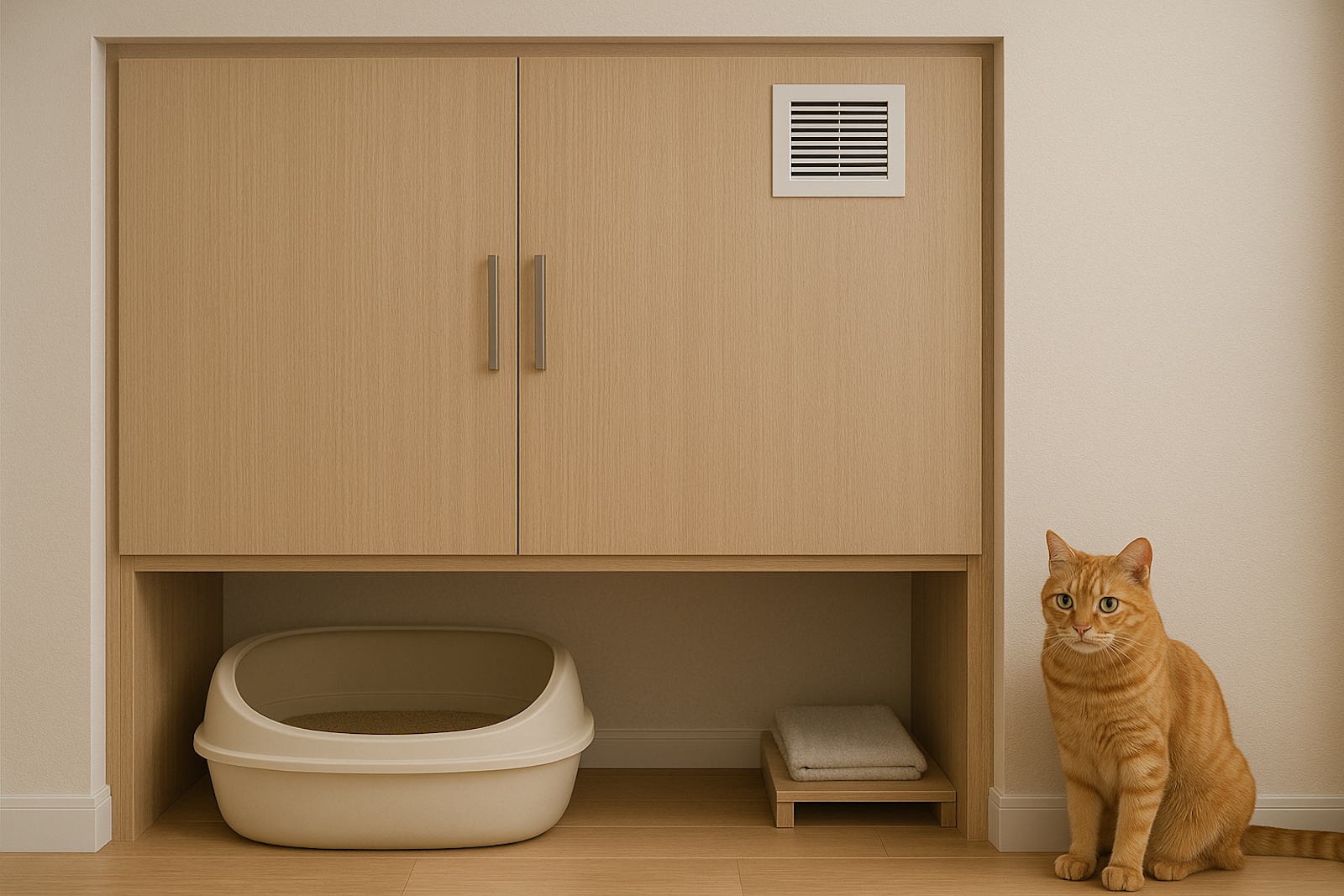 造作収納におさめた猫のトイレスペース