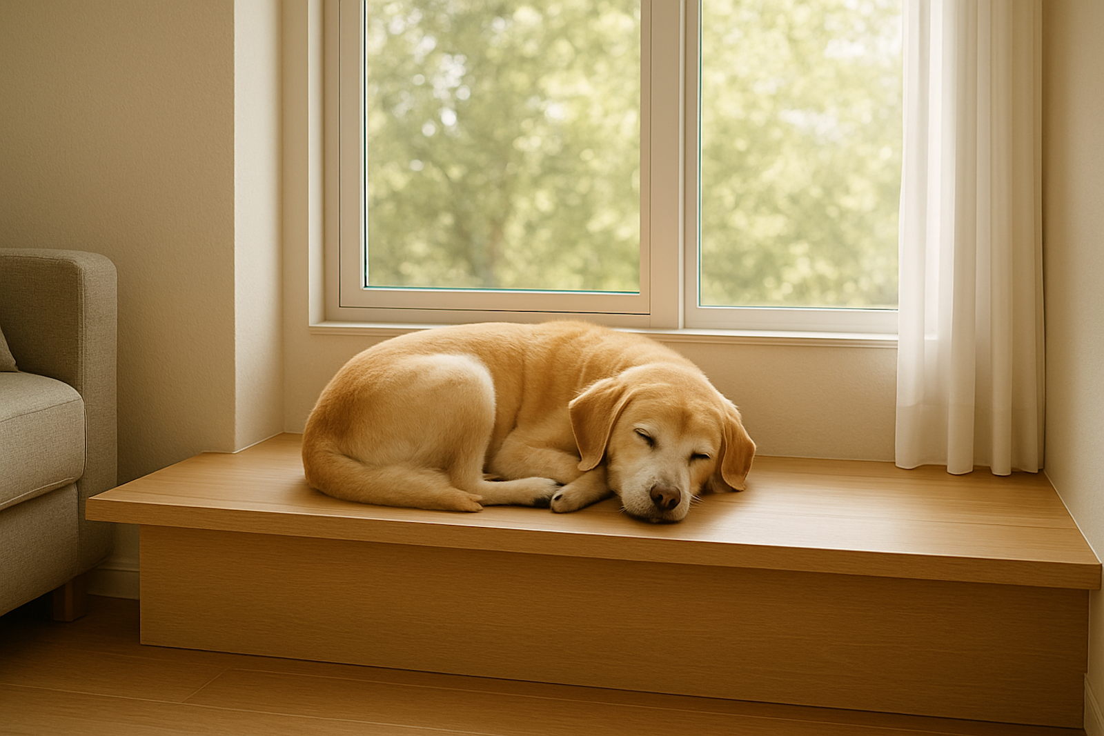 窓辺のベンチでくつろぐ愛犬